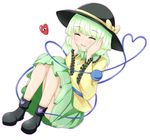  bad_id bad_pixiv_id blouse boots brooch closed_eyes frills full_body green_hair hands_on_own_face hat hat_ribbon heart heart_of_string jewelry komeiji_koishi long_sleeves outline ribbon ruua_(ru_an) short_hair simple_background sitting skirt solo third_eye touhou white_background wide_sleeves 