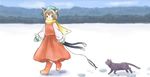  animal_ears bad_id bad_pixiv_id blue_sky boots brown_eyes brown_hair cat cat_ears cat_tail chen cloud fish footprints forest frown hat horizon jewelry l_size long_sleeves looking_at_viewer mittens multiple_tails nature rubber_boots scarf short_hair single_earring skirt sky snow solo string tail touhou vest 