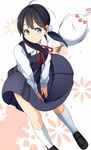  bird black_hair blue_eyes blush_stickers chicken dera_mochimazzui kitashirakawa_tamako kneehighs leaning_forward loafers long_hair pinkwaters shoes skirt smile solo tamako_market twintails white_legwear wind wind_lift 