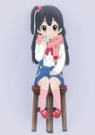  black_hair brown_eyes eating food hair_bobbles hair_ornament highres kitashirakawa_anko kneehighs long_hair mary_janes mochi one_side_up scarf shoes shorts sitting solo stool tamako_market wagashi 