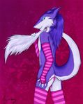  acynnonyx anthro arm_warmers blue_eyes claws fluffy_tail fur gay girly herm hi_res intersex legwear looking_at_viewer male maleherm pietro.sergal pink pink_background pink_clothing plain_background purple purple_fur sergal signature slim solo stockings thin thong transgender 