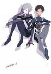  blue_eyes brown_hair cassette_player evangelion:_3.0_you_can_(not)_redo ikari_shinji male_focus multiple_boys nagisa_kaworu neon_genesis_evangelion plugsuit rebuild_of_evangelion red_eyes ren_(zero_second) sitting smile white_hair 