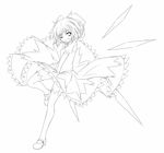  absurdres bow cirno greyscale hair_bow highres lineart mikuma_folgore monochrome one_eye_closed open_mouth short_hair simple_background smile solo thighhighs touhou white_background 