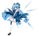  bad_id bad_pixiv_id blue_hair blush bow cirno colorized full_body hair_bow mary_janes one_eye_closed open_mouth shoes short_hair simple_background smile solo thighhighs touhou white_background white_legwear zeroko-san_(nuclear_f) 