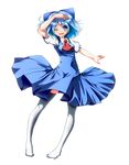  bad_id bad_pixiv_id blue_eyes blue_hair blush cirno colorized highres legs neko_neko_koneko one_eye_closed short_hair simple_background smile solo thighhighs touhou white_background white_legwear zettai_ryouiki 