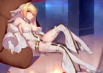  1girl ahoge bathtub belt blonde_hair blurry breasts bridal_veil cleavage depth_of_field detached_collar detached_sleeves fate/grand_order fate_(series) garter_belt highres knee_up langya_beike large_breasts legs nero_claudius_(bride)_(fate) nero_claudius_(fate)_(all) sitting solo stuffed_animal stuffed_toy teddy_bear thighhighs tile_floor tiles veil white_legwear yellow_eyes 