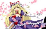  1girl blonde_hair breasts cleavage elbow_gloves female gloves happy hat huge_breasts long_hair long_skirt open_mouth petals purple_eyes skirt solo standing torii5011 touhou white_gloves yakumo_yukari 