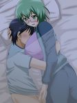  1boy 1girl artist_request bed bed_sheet black_hair blush breasts censored glasses green_eyes green_hair handjob highres hug huge_breasts infinite_stratos lying no_pants on_side pajamas penis pillow short_hair yamada_maya_(infinite_stratos) 