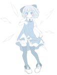  blue_eyes blue_hair blush bow cirno dress dress_lift hair_bow looking_at_viewer mikuma_folgore short_hair simple_background smile solo thighhighs touhou white_background 