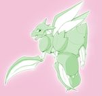  anus blush butt claws erection feral green_body insect looking_at_viewer looking_back male nintendo open_mouth penis plain_background pok&eacute;mon precum presenting presenting_hindquarters scythe scyther solo teeth tongue unknown_artist vein video_games wings 