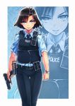  bad_id bad_pixiv_id belt black_hair blue blue_eyes bulletproof_vest glock gun handgun holster necktie original pistol police police_uniform policewoman radio short_hair siqi_(miharuu) solo thigh_gap trigger_discipline uniform walkie-talkie watch weapon zoom_layer 