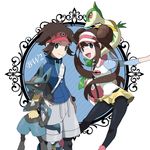  1boy 1girl bag blue_eyes brown_hair double_bun fangs green_eyes hat jacket kyouhei_(pokemon) lucario mei_(pokemon) nintendo open_mouth pokemon pokemon_(game) pokemon_bw2 raglan_sleeves red_eyes servine shorts smile tail visor_cap watch 