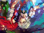  blue_eyes bubble hat hat_removed headwear_removed hong_meiling izayoi_sakuya long_hair maid_headdress multiple_girls peninsula_(disappearedstump) red_eyes red_hair short_hair silver_hair touhou underwater upside-down 