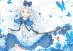  :d arms_behind_back bell blue_dress blue_flower blue_hair blue_rose bow brown_eyes bug butterfly capelet dress flower fred04142 hair_bow insect long_hair long_sleeves looking_at_viewer open_mouth original ribbon rose silver_hair smile solo staff very_long_hair wide_sleeves wind wind_lift yellow_eyes 