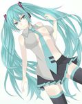  black_legwear blush breasts green_eyes green_hair hatsune_miku highres large_breasts long_hair looking_at_viewer necktie nemu_(nebusokugimi) open_clothes shiny shiny_skin skirt sleeveless solo thighhighs twintails very_long_hair vocaloid 