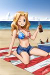  1girl ;) absurdres american_flag_bikini barefoot beach beach_towel bikini blonde_hair blue_eyes blush bottle breasts cleavage cloud coke_bottle collarbone cooler cutoffs drink eyebrows_visible_through_hair flag_print full_body girls_und_panzer grin groin highres holding holding_bottle horizon kay_(girls_und_panzer) lamiho large_breasts long_hair looking_at_viewer navel ocean one_eye_closed open_fly outdoors short_shorts shorts signature sitting sky smile soda_bottle solo string_bikini swimsuit teeth towel wariza 