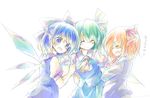  ascot bad_id bad_pixiv_id blonde_hair blue_eyes blue_hair blush bow cirno closed_eyes crossed_arms daiyousei fairy_wings fang green_hair hair_bow hair_ribbon hinase_kaguya ice ice_wings multiple_girls ribbon rumia short_hair side_ponytail sketch smile touhou vest white_background wings 