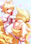  animal_ears blonde_hair breasts capelet cherry_blossoms cosplay crossed_legs dress fox_ears fox_tail hat lily_white lily_white_(cosplay) long_sleeves medium_breasts merry_(diameri) one_eye_closed petals short_hair sitting smile solo tail touhou yakumo_ran yellow_eyes 