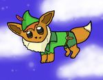  canine eevee feather fox games hat knife male mammal nintendo open_mouth peter_pan pok&#233;mon pok&eacute;mon sky solo unknown_artist video_games weapon what 