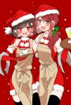  2girls :d apron arm_around_shoulder arm_around_waist bang_dream! bangs black_hair blush bow brown_apron chino_machiko christmas creamer_(vessel) cup dress earrings fang fur-trimmed_dress gloves green_eyes green_ribbon hair_over_shoulder hair_ribbon hat heart holding holding_tray jewelry long_hair looking_at_viewer mitake_ran multicolored_hair multiple_girls open_mouth pom_pom_(clothes) ponytail purple_eyes red_bow red_dress red_gloves red_hair ribbon santa_costume santa_hat saucer short_hair sleeveless sleeveless_dress smile snowing strap_slip streaked_hair sweatdrop teacup towel tray udagawa_tomoe waitress 