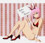  animal_ears bikini breasts bunny_ears character_name choker estellise_sidos_heurassein green_eyes holding holding_sign medium_breasts mokkei navel pink_hair placard short_hair sign solo swimsuit tales_of_(series) tales_of_vesperia wrist_cuffs 