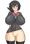  1girl black_hair black_legwear black_thighhighs bottomless breasts curvy erect_nipples female houjuu_nue huge_breasts musuka_(muska) navel no_panties pussy red_eyes shirt short_hair simple_background solo standing sweat thighhighs touhou uncensored white_background wide_hips 