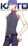  belt blue_eyes blue_hair denim hand_on_hip jeans kaito kaito_(vocaloid3) male_focus pants skin_tight sleeveless sleeveless_turtleneck solo turtleneck vocaloid white_background witchonly 