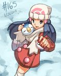  2013 beanie blue_eyes blue_hair coat dated gen_4_pokemon hat hikari_(pokemon) holding holding_poke_ball junkpuyo kneehighs long_hair piplup poke_ball poke_ball_(generic) pokemon pokemon_(creature) pokemon_(game) pokemon_dppt pokemon_platinum scarf shared_scarf smile snow white_scarf winter_clothes winter_coat 