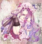  bad_id bad_pixiv_id bare_shoulders black_legwear blush breasts candy cleavage crescent dress food garter_straps ginzuki_ringo hat heart heart_necklace highres lollipop long_hair medium_breasts patchouli_knowledge purple_eyes purple_hair solo thighhighs touhou very_long_hair 