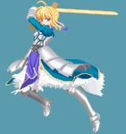  ahoge aowani armor armored_dress artoria_pendragon_(all) bad_id bad_pixiv_id blonde_hair dress excalibur fate/stay_night fate_(series) fighting_stance gauntlets green_eyes hair_ribbon pixel_art ribbon saber simple_background solo sword weapon 