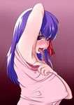  1girl andou_hyuugo arm_up armpits breasts erect_nipples fate/stay_night fate_(series) female highres huge_breasts long_hair matou_sakura open_mouth profile purple_eyes purple_hair saliva simple_background solo standing tongue upper_body 