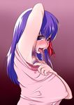  1girl andou_hyuugo arm_up armpit_hair armpits breasts erect_nipples fate/stay_night fate_(series) female highres huge_breasts long_hair matou_sakura open_mouth profile purple_eyes purple_hair saliva simple_background solo standing tongue upper_body 