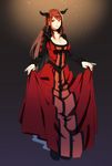  bad_id bad_pixiv_id breasts brown_eyes brown_hair cleavage dress dress_lift fur_trim haruno_ake highres horns large_breasts long_hair looking_at_viewer maou_(maoyuu) maoyuu_maou_yuusha smile solo 