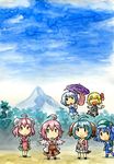  6+girls ahoge animal_ears backpack bag chibi commentary_request double_bun flying hair_bobbles hair_ornament hair_ribbon hat holding ibaraki_kasen kasodani_kyouko kawachi_koorogi kawashiro_nitori long_sleeves marker_(medium) mountain multiple_girls mystia_lorelei open_mouth outstretched_arms pink_hair purple_umbrella ribbon rumia shirt short_hair skirt skirt_set sky smile solid_circle_eyes tail tatara_kogasa touhou traditional_media two_side_up umbrella 