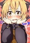  bad_id bad_pixiv_id blonde_hair blush bow brown_eyes chin_rest dress hair_bow hati105 highres kurodani_yamame looking_at_viewer open_mouth short_hair solo sweat touhou 