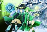  absurdres bad_id bad_pixiv_id blue_hair blush breasts duel_monster fingerless_gloves gishki_ariel gloves green_eyes green_hair highres holding_hands japanese_clothes kyaro_(kyaro54) long_hair medium_breasts multiple_girls winda_priestess_of_gusto yuu-gi-ou 