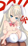  1girl 2011 animal_ears bare_shoulders blonde_hair blue_eyes breasts bunny_ears bunny_girl chinese_zodiac female highres huge_breasts long_breasts long_hair naughty_face new_year oedo_x pantyhose rabbit_(chinese_zodiac) simple_background sitting solo white_background white_hair 