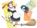  apron bad_id bad_pixiv_id blush broom brown_eyes brown_hair cat efmoe looking_at_viewer maid maid_headdress open_mouth original short_hair skirt smile solo thighhighs twintails v 