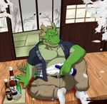  anthro bandage beard belt beverage biceps big_muscles bottle chinese_dragon clothed clothing dragon drink facial_hair fangs father green_dragon green_skin hair horn japanese looking_at_viewer male morenatsu muscles old open_shirt pants parent pecs pose sake scales scalie shirt sitting socks solo tappei unknown_artist wraps 