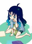  ahoge barefoot bike_shorts blue_eyes blue_hair casual coupe doll heartcatch_precure! kurumi_erika long_hair moudoku_(decopon3rd) precure shirt sleepy solo 