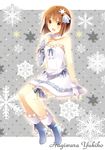  boots brown_eyes brown_hair character_name gloves hagiwara_yukiho hair_ornament highres idolmaster idolmaster_(classic) konase_(non_stop!) ribbon smile snowflake_hair_ornament snowflake_liliput snowflakes solo 