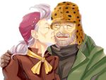  1girl beanie beard cheek_kiss couple diamond_wa_kudakenai facial_hair glasses gloves grey_hair hariyama_(toubou_tengoku) hat hetero husband_and_wife jojo_no_kimyou_na_bouken joseph_joestar kiss old ponytail suzi_q 