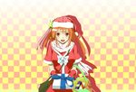  absurdres bad_id bad_pixiv_id breasts checkered checkered_background copyright_request gift hat highres kyaro_(kyaro54) long_hair medium_breasts open_mouth orange_eyes orange_hair santa_hat smile solo star 