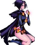  belt boots cape dc_comics forehead_jewel from_side purple_hair raven_(dc) short_hair sitting solo teen_titans white_background zxc 