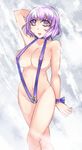  aoshima areolae breasts collarbone crossed_legs hand_behind_head highres lavender_hair letty_whiterock navel open_mouth purple_eyes short_hair sitting slingshot_swimsuit solo swimsuit touhou 