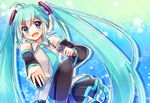  ahoge aqua_hair blue_eyes detached_sleeves hatsune_miku long_hair microphone moe_on_drop necktie open_mouth skirt solo thighhighs twintails very_long_hair vocaloid 