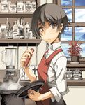  apron black_hair blender blush bottle brown_eyes cooking kasetsu_03 kitchen ladle lid original pot short_hair solo steam window 