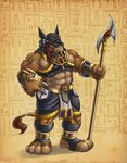  abs anthro anubian_jackal anubis armor belt biceps big_muscles bracelet brown_fur canine clothing da_boz deity egyptian feline fur helmet jackal jewelry lion loincloth male mammal mask muscles orange_eyes pecs polearm pose pubes shorts solo spear standing weapon 