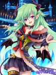 agahari bat_wings bell breasts cleavage copyright_name copyright_request earrings gloves green_hair happy horns jewelry night pointy_ears purple_eyes sekai_summoner_kumiai skirt skull sky small_breasts star tail thighhighs wings 