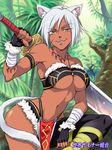  agahari animal_ears asymmetrical_legwear bandages bracelet breasts cat_ears cat_tail copyright_name dark_skin fingerless_gloves gloves jewelry large_breasts necklace sekai_summoner_kumiai short_hair silver_hair solo sword tail teeth underboob weapon yellow_eyes 